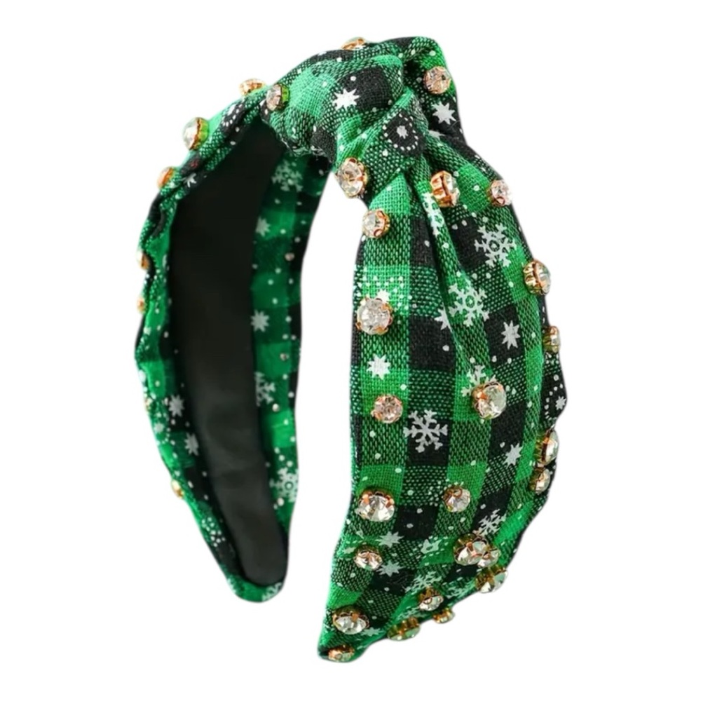 Classic checkered plaid fabric headband, green & black cozy holiday winter vibe